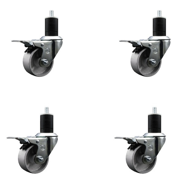 3'' Semi Steel Swivel 1-3/4'' Expanding Stem Caster Set Total Lock Brake, 4PK
